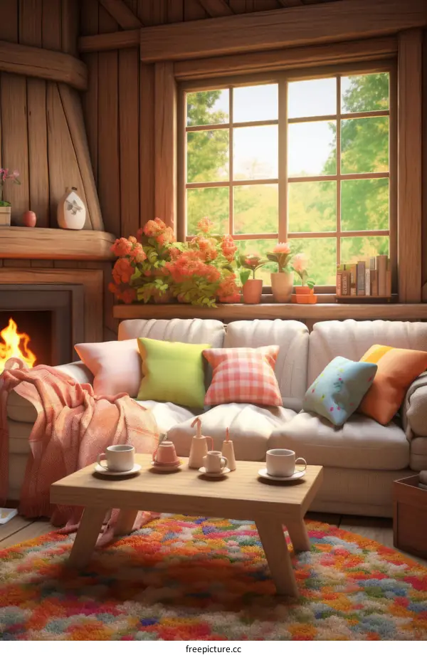 Cozy living room interior with sofa, fireplace and big window