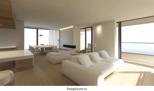 Modern Minimalist Living Room Interior Design with White Sofa and Ocean View