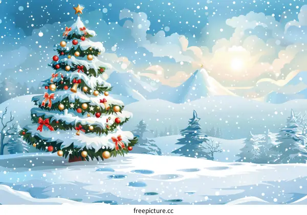 Winter Wonderland Christmas Tree in Snowy Village Landscape