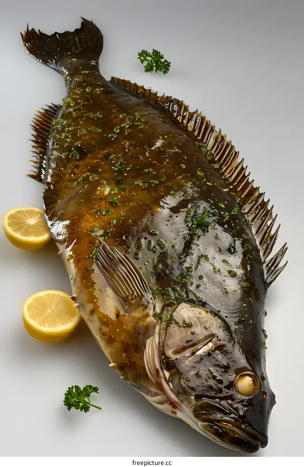 Fresh halibut fish with lemon and parsley