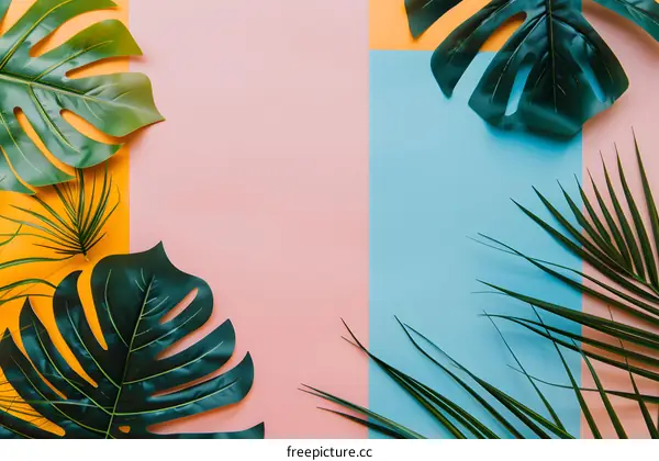 Tropical Leaves on Pastel Background
