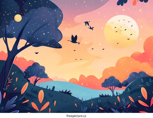 Beautiful Sunset Sky with Birds Flying Over Hills