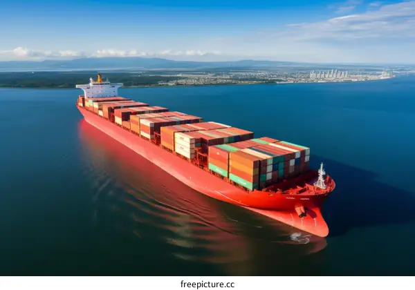 A large container ship is sailing in the ocean