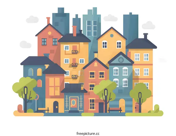 Colorful Cityscape with Houses and Trees Illustration