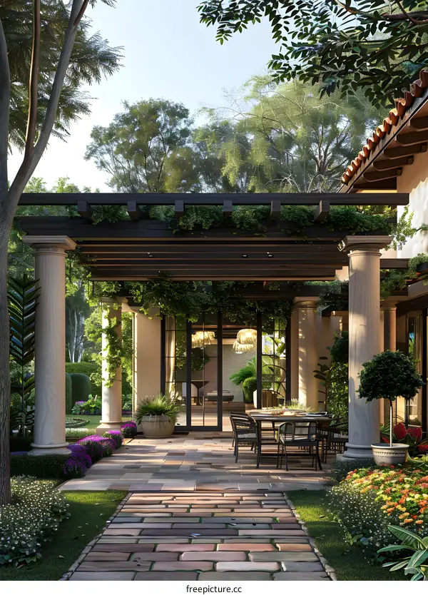 Courtyard with brick floor and plants