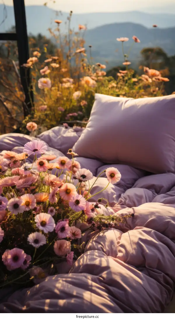 A cozy bed with a beautiful view of the mountains