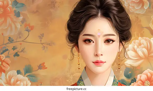 A beautiful Chinese woman in traditional dress with a floral background