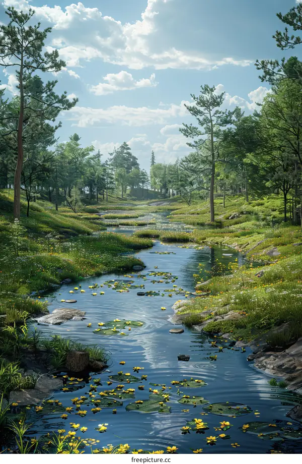 Serene River Flowing Through a Lush Meadow