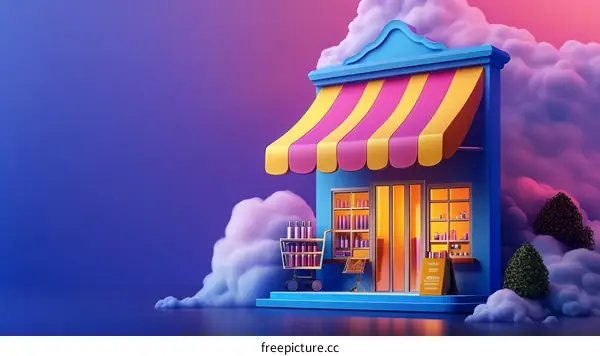Cute Shop Illustration with Colorful Clouds