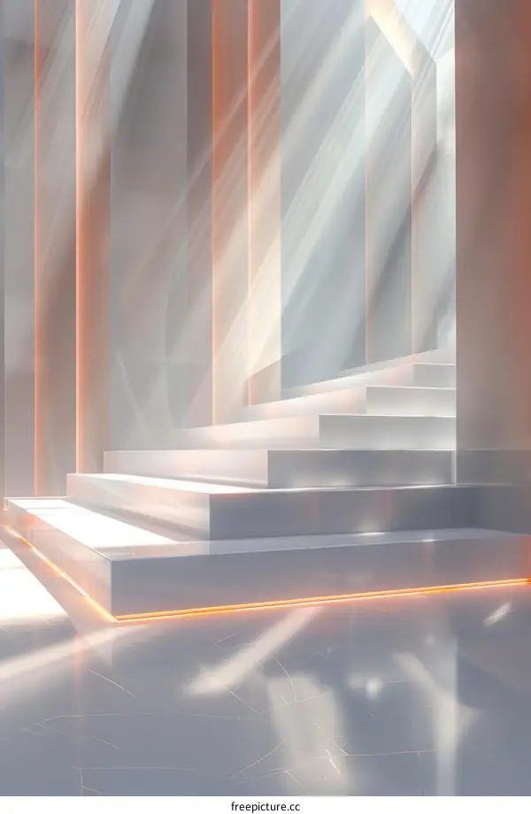 White minimalist architectural space with podium and glowing orange lines