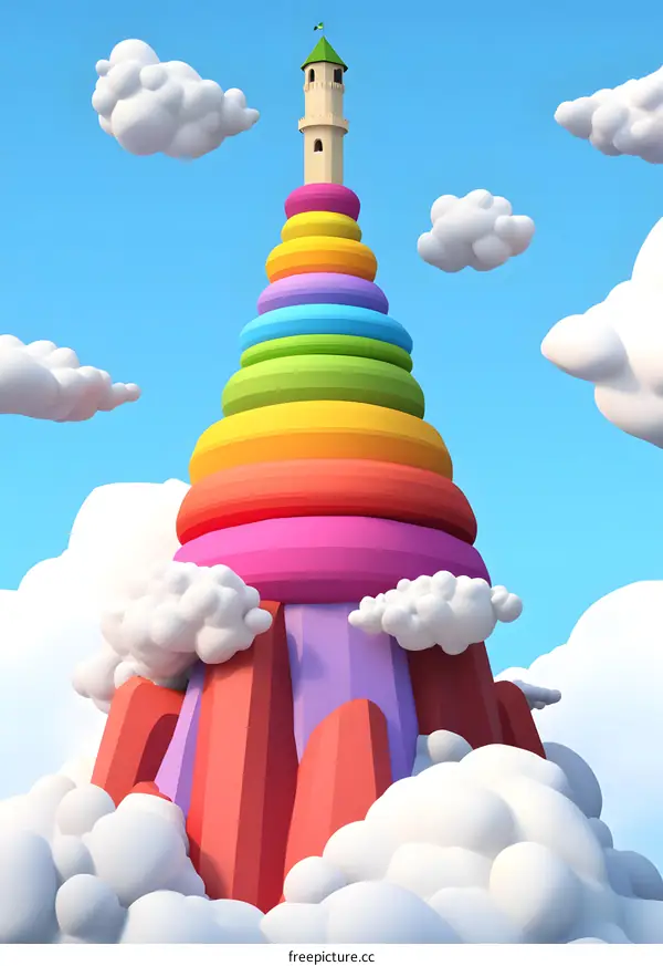 Colorful Stacking Tower with Clouds and a Small Green Flag