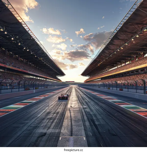 Formula One car racing down a track with观众席 stands on either side