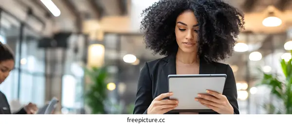 African American Businesswoman Using Tablet in Modern Office