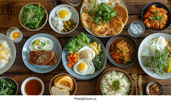 Asian Food Dishes With Eggs Rice and Vegetables