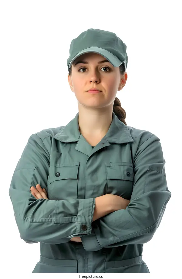 portrait of a young female worker wearing a green cap and green overalls