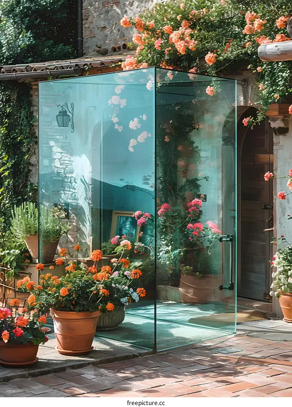 Glass Door Entrance to a Courtyard with Flowers