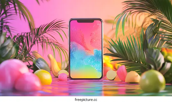 Smartphone with Tropical Fruit and Palm Leaves Background
