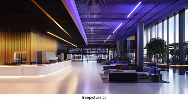 Modern Office Lobby with Reception Desk and Seating Area