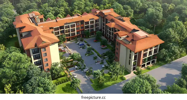 Aerial View of a Modern Apartment Complex with Parking and Surrounding Green Trees