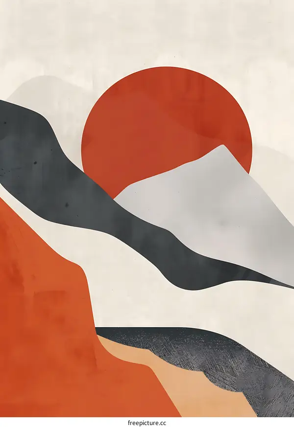 Abstract Mountain Landscape with Red Sun