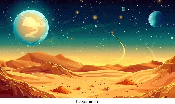 Desert Planet with Stars and Planets Illustration