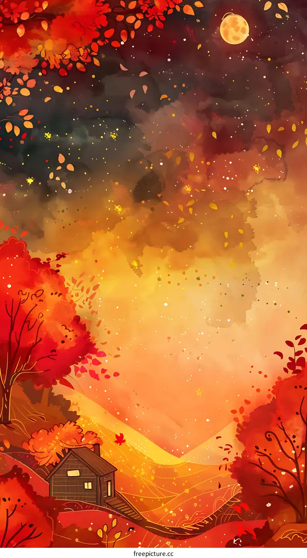 Autumn Night Landscape with Cabin and Full Moon