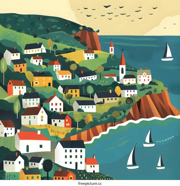 Coastal Town Illustration with Houses, Sea, Birds and Boats