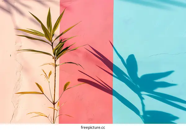 Plant Shadow On Pink And Blue Wall