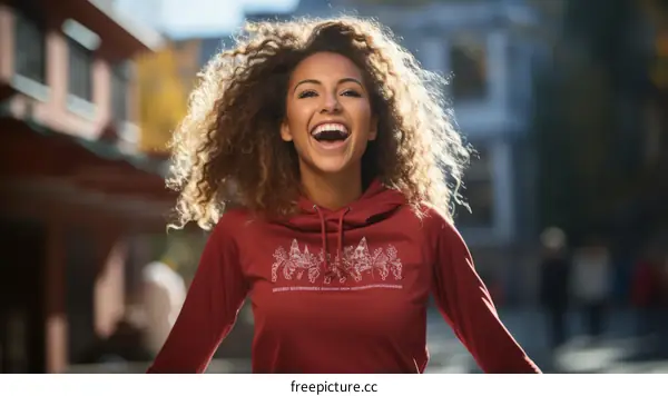 Laughing curly haired woman wearing red hoodie