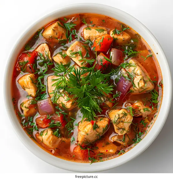A bowl of chicken soup with vegetables and greens