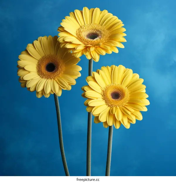 Three yellow gerbera flowers on blue background