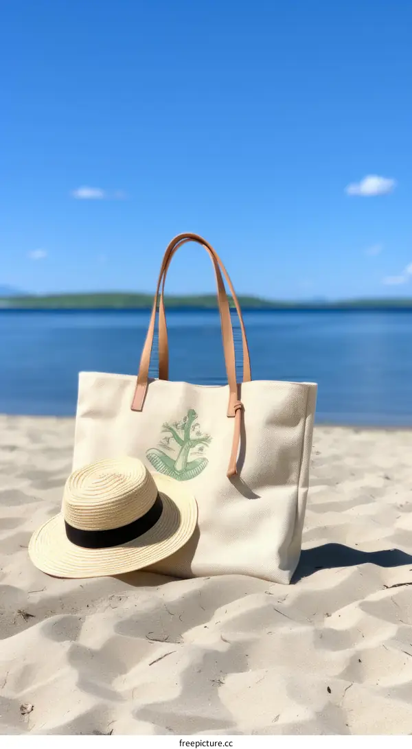 Beach tote bag and straw hat on the sandy beach