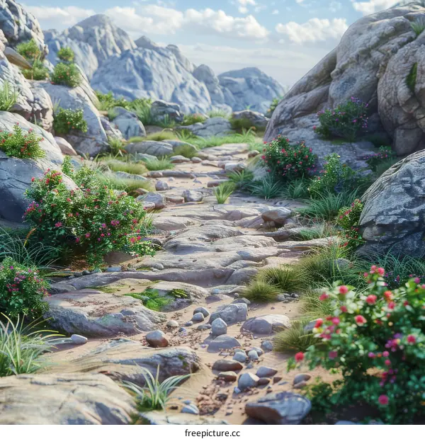 Pink Wildflowers Along a Rocky Mountain Path