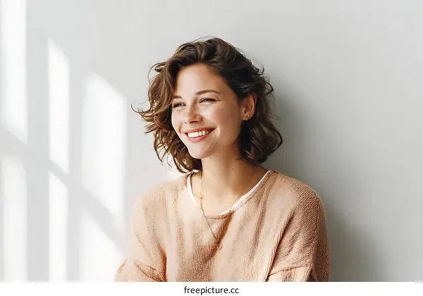 Smiling Woman in a Light Beige Sweater