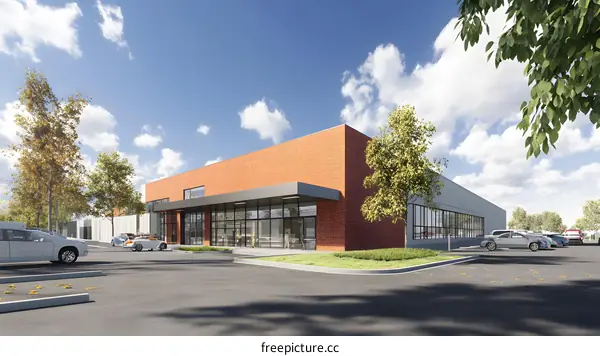 Modern Brick Building with Parking Lot and Trees