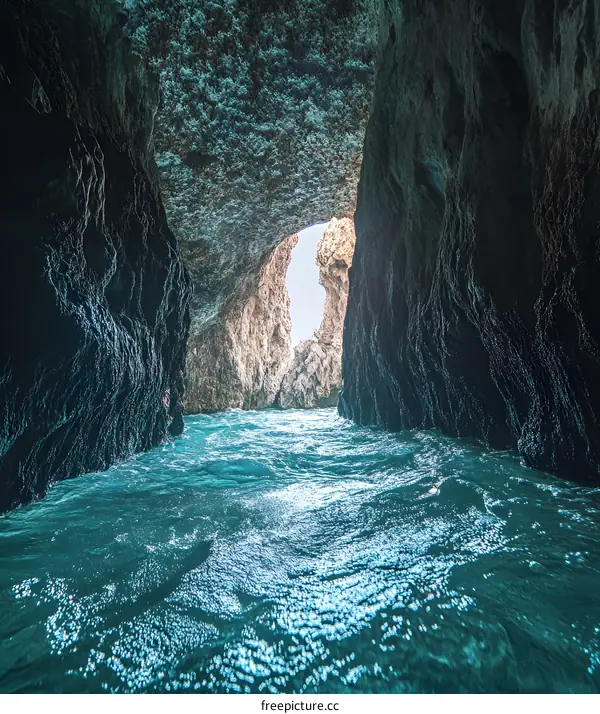 Sea Cave with Blue Water and Sunlight
