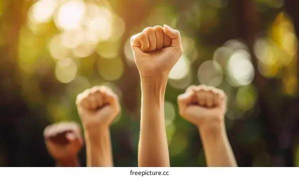 People of different ethnicities raising their fists in the air in front of a blurred background of trees