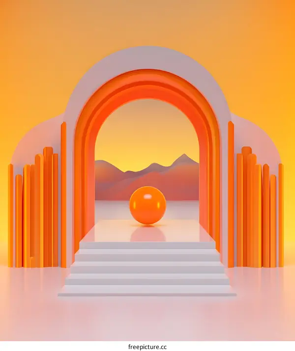 Abstract Orange And White Archway With Sphere On Platform