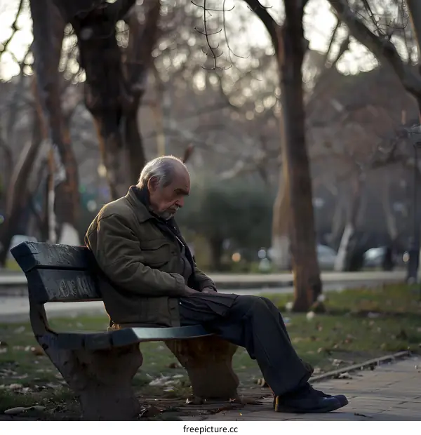 Elderly Man Sitting On Bench In Park