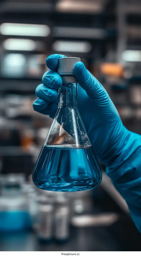 Scientist Holding Laboratory Flask with Blue Liquid