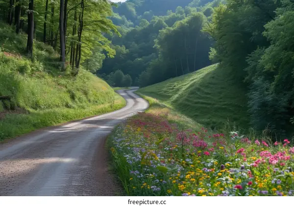 Country road with wildflowers