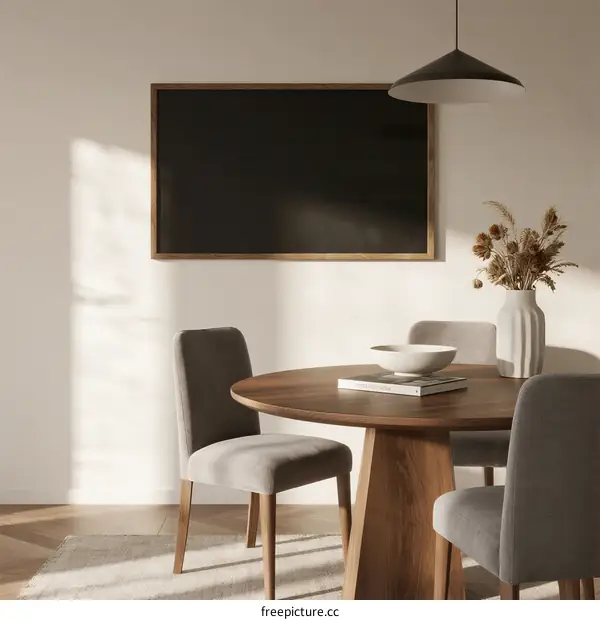Modern dining room with wooden table and gray chairs