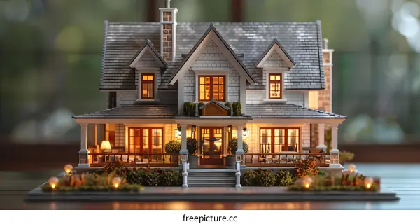 Small model house with warm lights inside