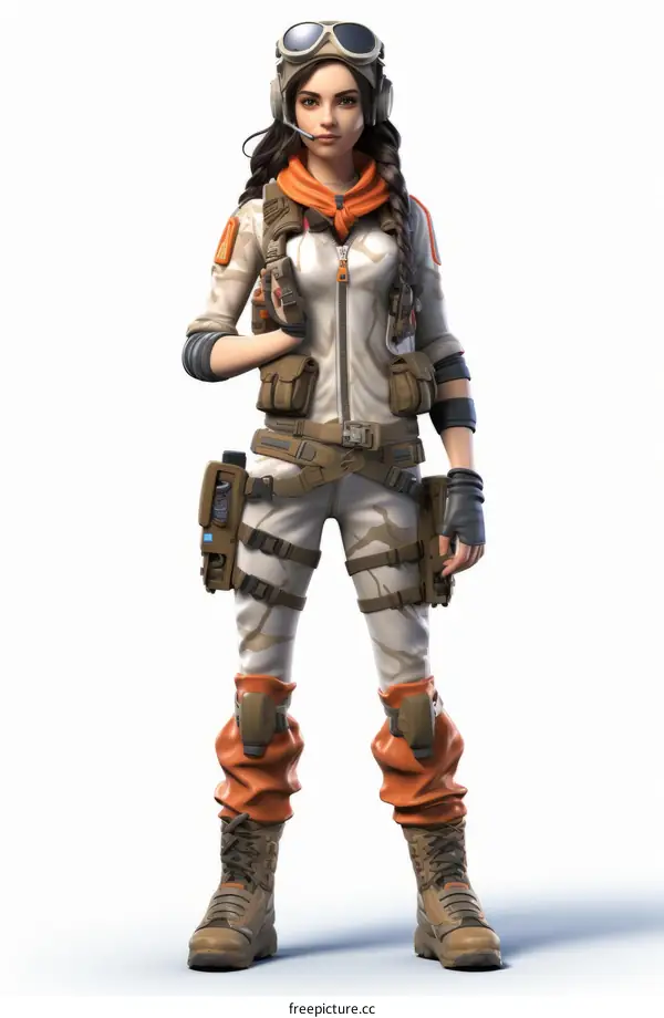 A female soldier wearing a white and orange outfit and holding a gun