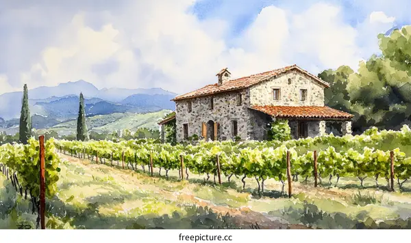 Watercolor Painting of a Tuscan Farmhouse and Vineyard