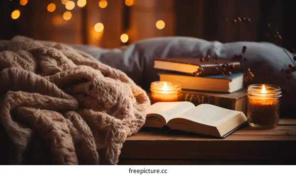 Cozy Reading Corner with Books, Candles, and Blanket