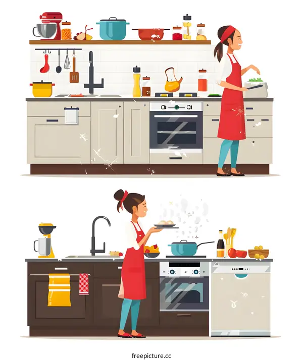 Two Women Cooking in Kitchen Illustration