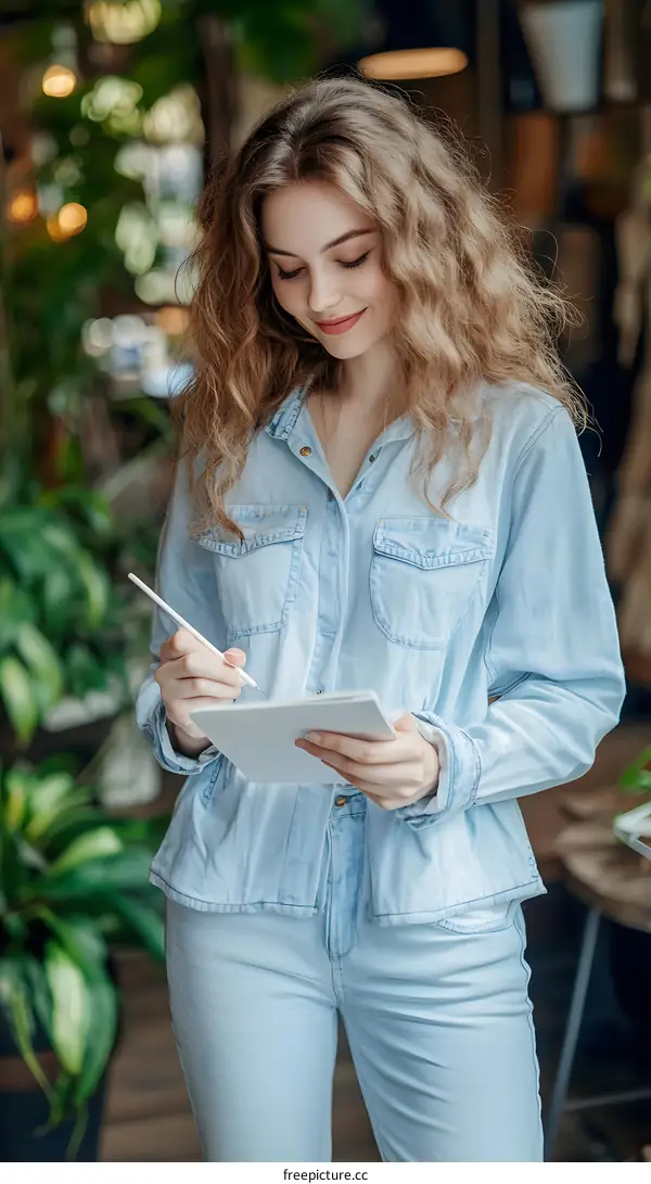 Young Woman with Curly Blonde Hair Writing in Notebook in a Cafe