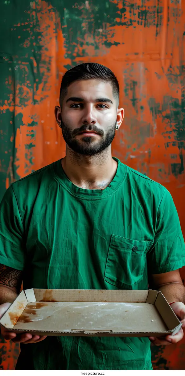 Portrait of a young man holding an empty pizza box
