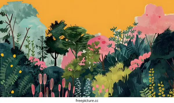 Hand Drawn Illustration Of Lush Green Forest With Pink Flowers
